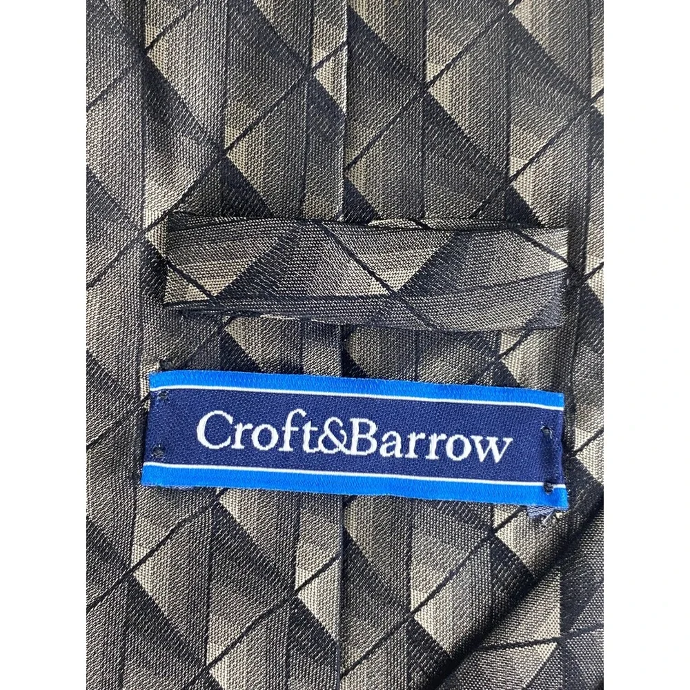 VTG Croft & Barrow Mens Silk Tie Black Gold Bronze Geometric Long Grid 60x4